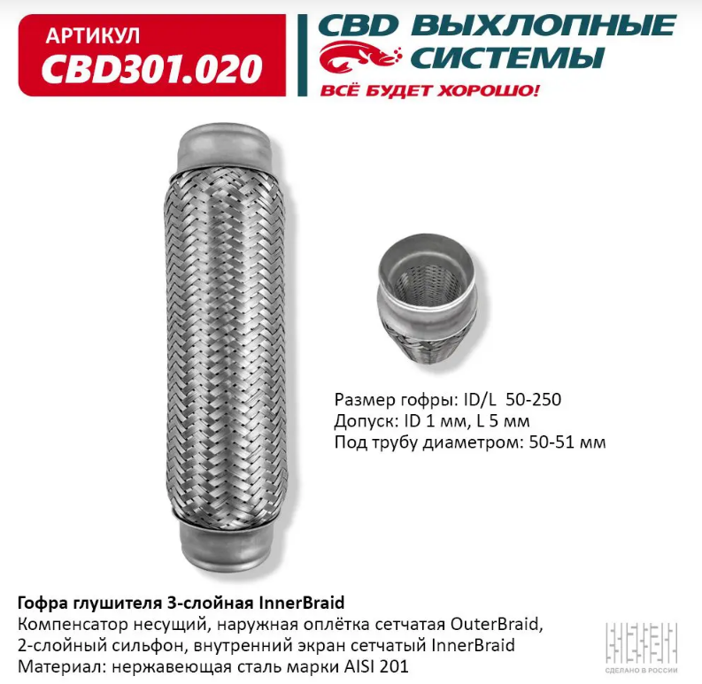 CBD Гофра глушителя 3-слойная InnerBraid 50x250 CBD301020 